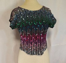 Vintage 80s Multicolor Ombre Sequin Metallic Crop Top Short Sleeve Party NYE