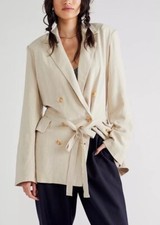 Free People Women  s Olivia Blazer M Cream Belted Jacket Relaxed Linen Blend