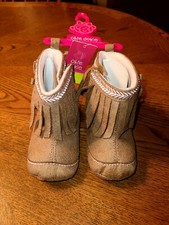 New Tan Baby Moccasin W-Fringe, Hook Loop Closure 9-12 Months Size 3