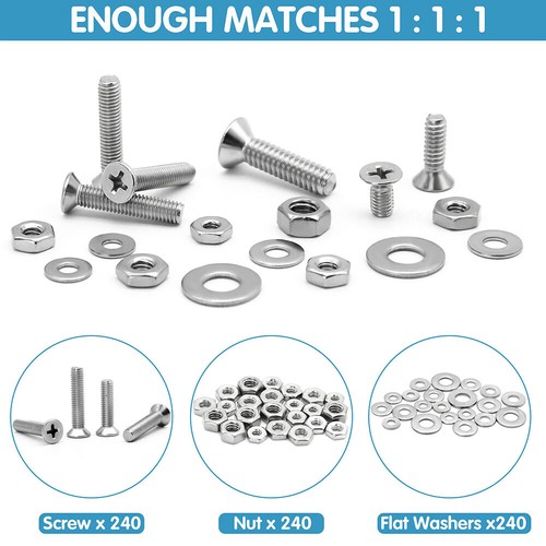 720x Phillips Kit de arandela de tuerca de tornillo de máquina de cabeza plana avellanada de acero inoxidable - Imagen 4 de 9