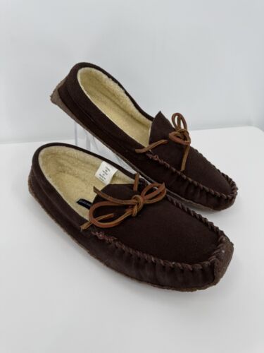 Lands' End BROWN Suede Leather Mn's Tie Driving Moccasin Slippers 9M Faux Lined