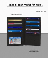 Long Black Genuine Leather Bifold ID Credit Card Money Holder Wallet Organizer.