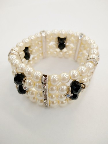 Stylish Bride 4 Layers Ivory Pearl Black Bead Crystal Stretch Bracelets P-06 - Picture 2 of 3