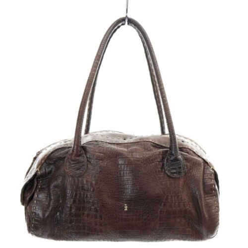 Henry Beguelin Boston bag handbag shoulder omino embroidery leather dark Used - Afbeelding 1 van 9