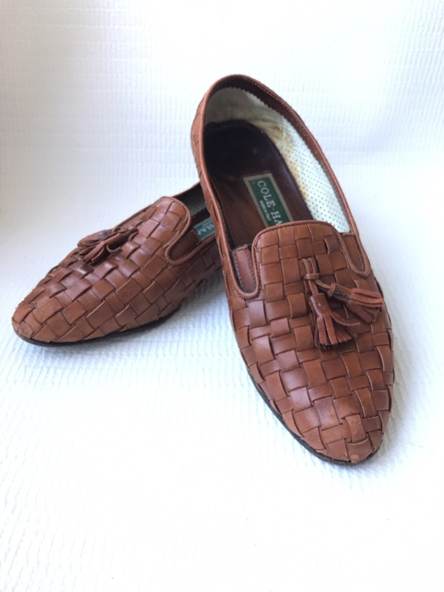 Vintage Womens Cole Haan Kidskin Woven Leather Tassel Loafers Sz