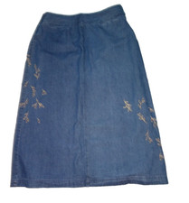 Vintage Jean Skirt Long Midi Sz 14 Crazy Horse Liz Claiborne Embroidery Leaves