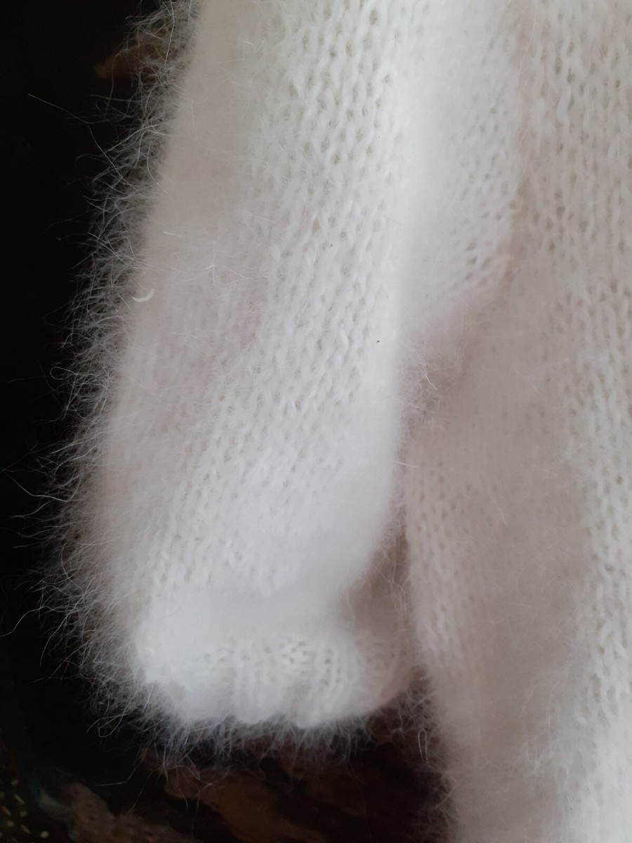 Pull Angora Blanc Manches Courtes - Très Doux Et Poilu - Taille XL - Fait Main En France