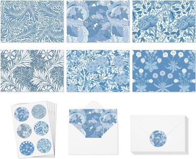 AnyDesign Blue Floral Greeting Cards Vintage Blue Flower Leaves Note Cards With