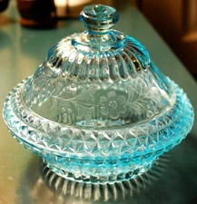 Antique ADAMS & CO Pressed Glass WILDFLOWER BLUE Compote Candy Dish W Lid c1874