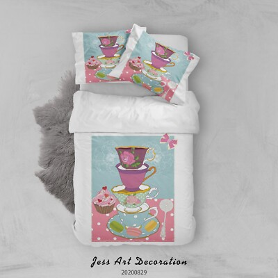 3D Tea Cake Illustration Quilt Cover Set Bedding Sets Pillowcases Queen