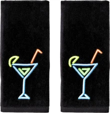 Neon Cocktail Hand Towel 2Pc Set for Bath/Kitchen/Bar & Gift, Black