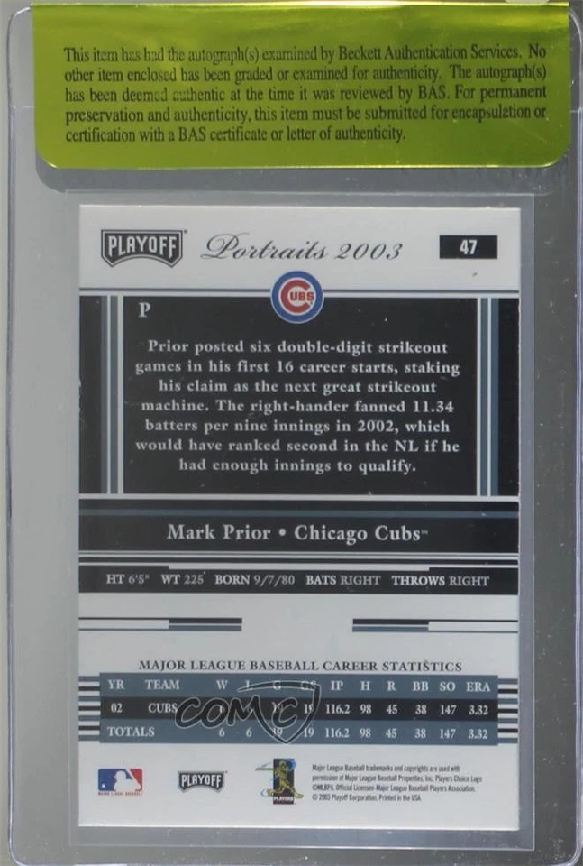 BAS 2003 Playoff Portraits Mark Prior #47 Authentic Auto - Image 2 of 2