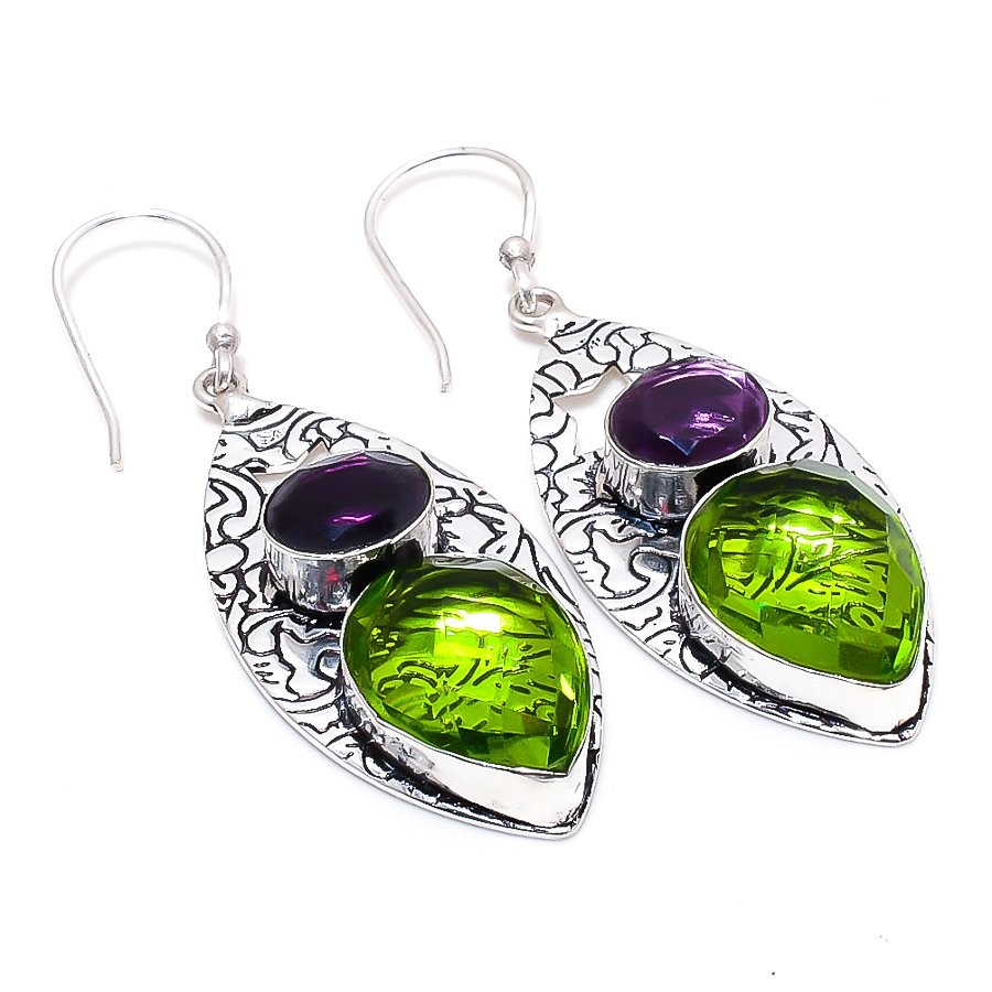 Peridot, Amethyst Gemstone Handmade 925 Sterling Silver Jewelry Earring 2.36 