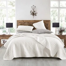 Quilt Set Queen Size, Stone-Washed Chic Rustic Cream White Coverlet with Clas...