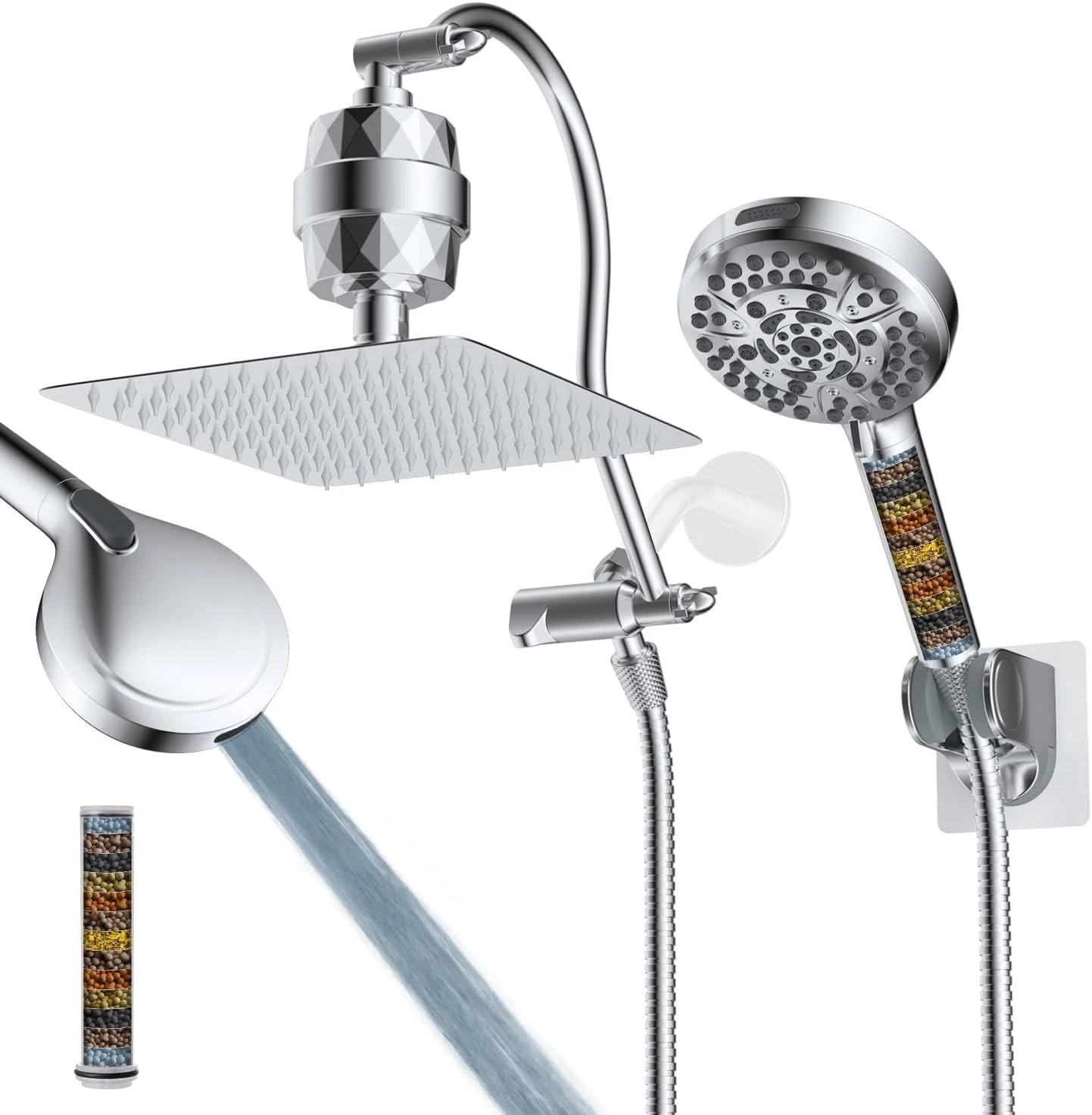 All Metal 10'' Dual Filtered Rainfall Shower Head Combo High Pressure Handheld