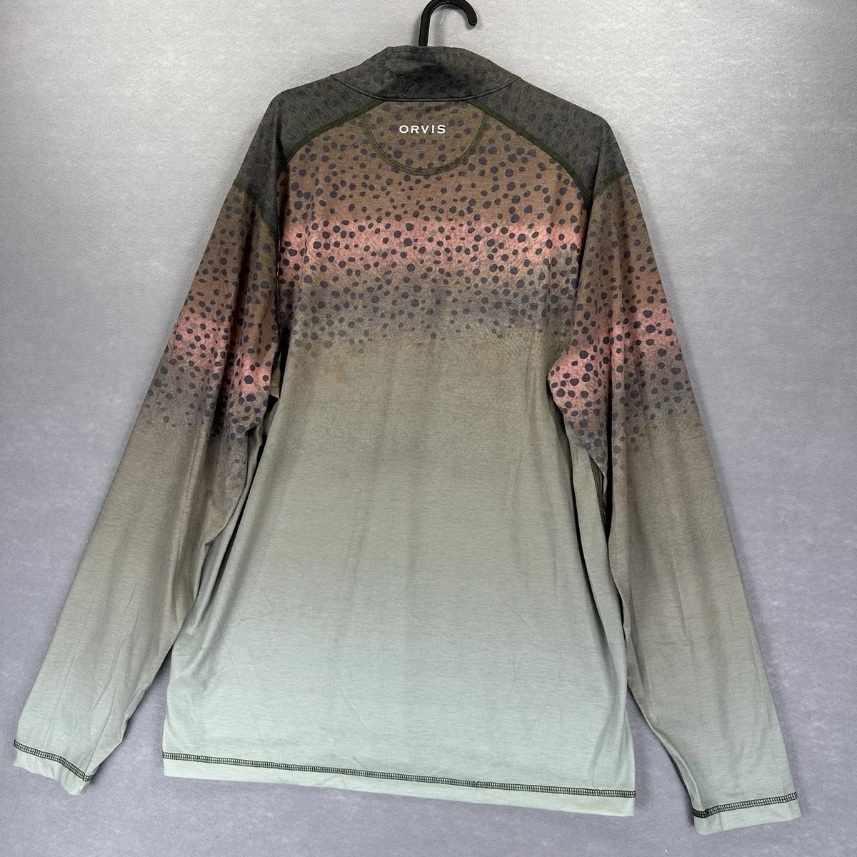 Pullover grande Orvis raro Rainbow Trout DriRelease rendimiento gráfico 1/4 cremallera
