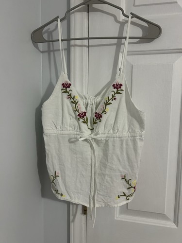 Women’s White Floral Embroidered Camisole Top Spaghetti Strap Size L