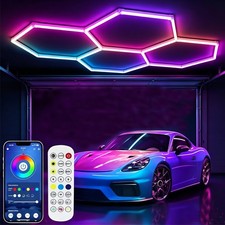 Hexagon Garage Lights RGB 4 Grid LED Ceiling Light for Car Shop Gym Workshop