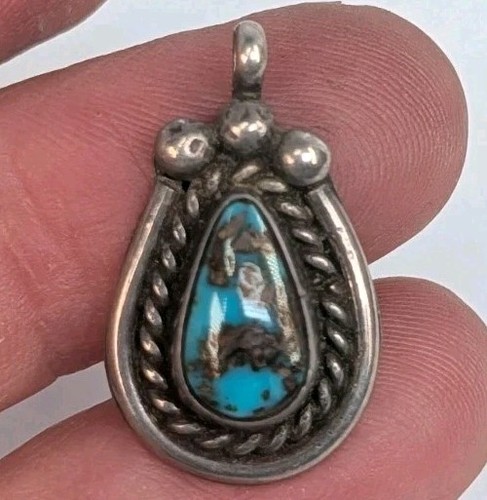 Vintage Three Hogan's Shop Navajo Turquoise Sterling Silver Signed Pendant