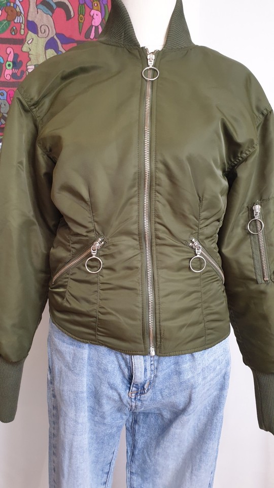Bardot Size 6 Army Green Cropped Full Zip Puffer Bomber Jacket, Red Lining
