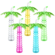 15 Pcs 17 oz Palm Tree Yard Cups Straw Water Bottle with Straws and Lid for D...