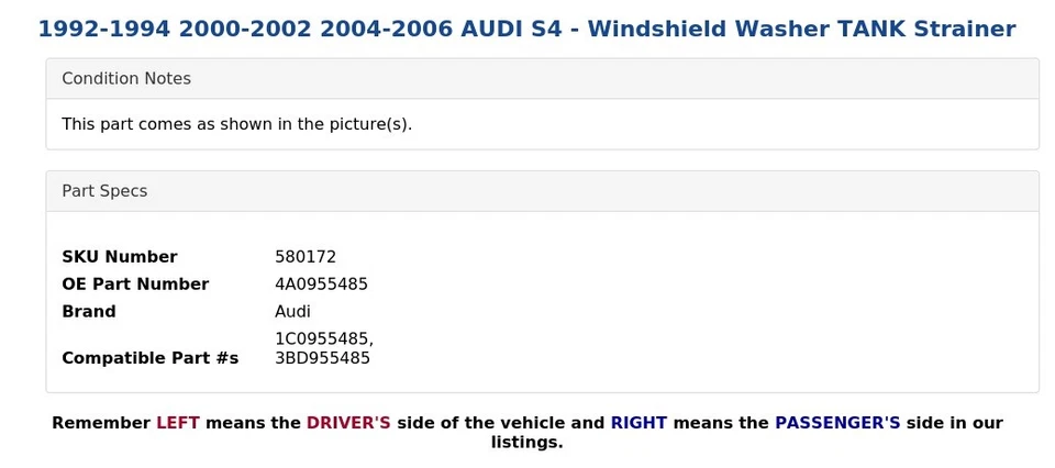 1992-1994 2000-2002 2004-2006 AUDI S4 - Parabrisas Lavadora TANQUE Colador Foto 4 de 4
