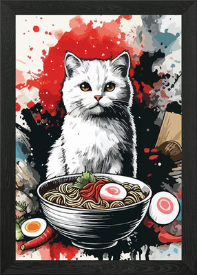 White Cat with Ramen Framed Wall Art Poster Canvas Print Picture