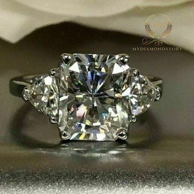 2.85 CT Radiant Cut Moissanite Three Stone Engagement Ring Solid 14K White Gold