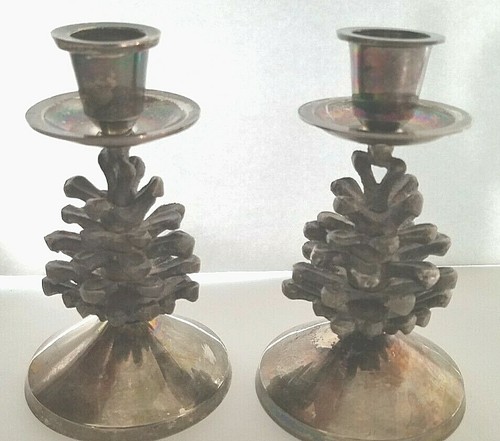 Inter. Silver Co. Handmade Silverplated PineCone Candle Stick Holders Pair (2)