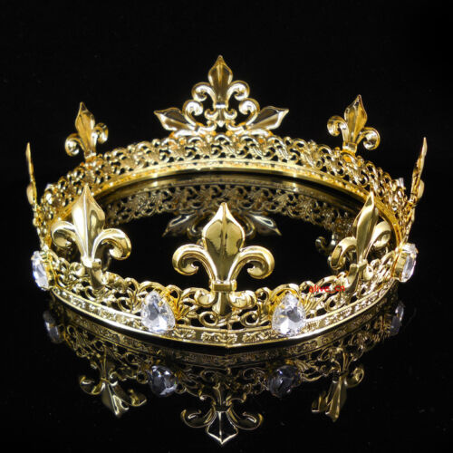 Men's Imperial Medieval Fleur De Lis Gold King Metal  Crown 7cm Tall 56.5cm Circ - Picture 1 of 4