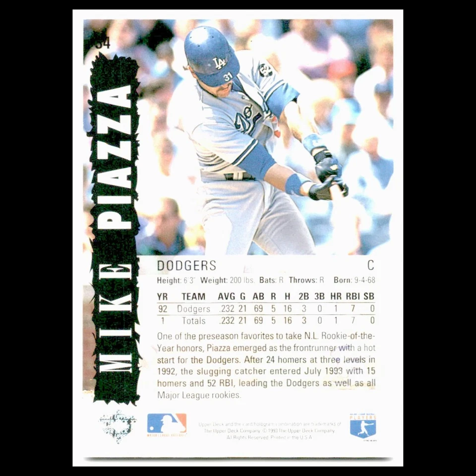 Mike Piazza #34 1993 Upper Deck Diamond Gallery Los Angeles Dodgers Baseball MLB - Image 2 of 3