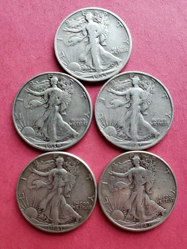 1935 - 1943  WALKING LIBERTY HALF DOLLARS (Set of 5) - VF+