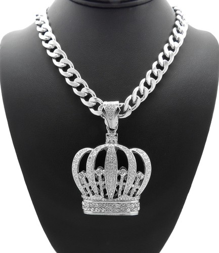 Hip Hop Stone Stud Crown Pendant 11mm 18",20",24" Cuban Chain Necklace RC4073 - Picture 10 of 14