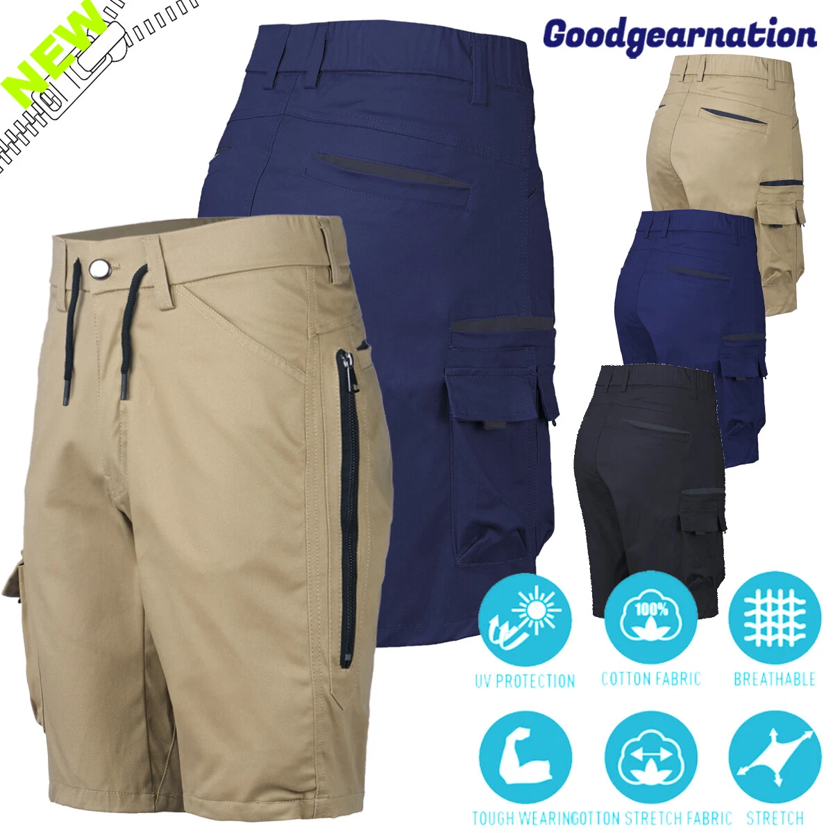 Mens Work Shorts Cargo Pocket Stretch Cotton Elastic Waist Belt Loop UPF NEW
