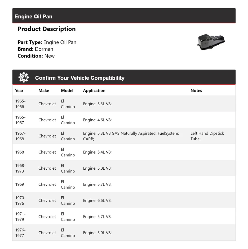 Para Chevrolet El Camino Dorman 1965-1979 cárter de aceite del motor 1966 1967 1968 1969 1970 Foto 2 de 4