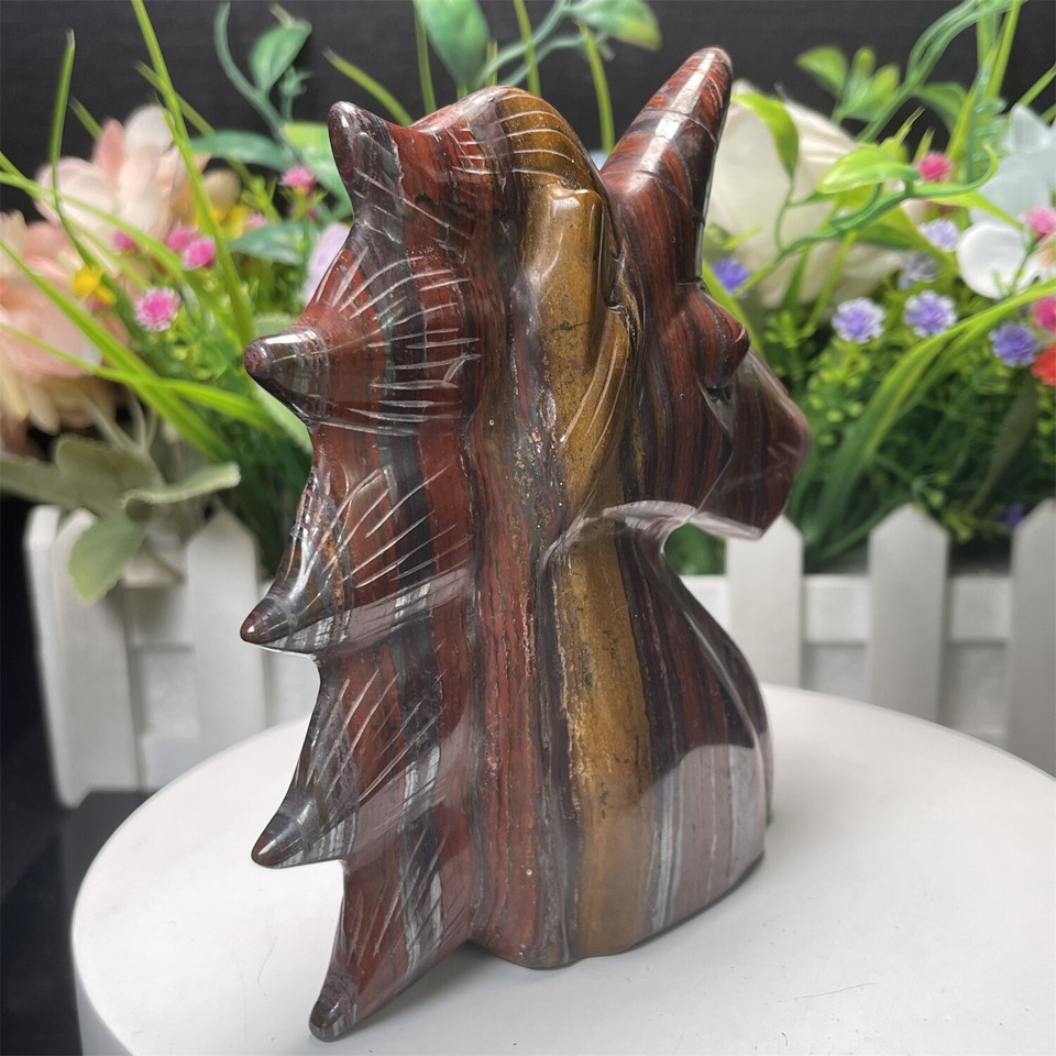 1LB 4.5" Natural Iron Tiger Eye Unicorn Head Crystal Quartz Sculpture