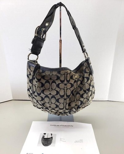 Coach Light Brown Black Signature Hobo Bag Purse W/ COA