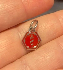 Silver Stainless Steel 10x12 mm Red Enamel Medical ID Alert Caduceus Charm