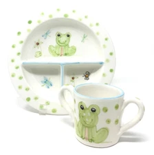 The Mane Lion Italian Ceramic Baby Frog Childrens Plate&Cup Dinnerware Set NIP