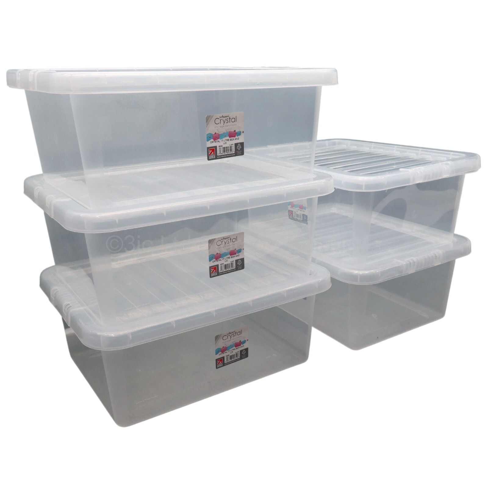 NEW 5 x 17 Litre Wham Crystal British Made Clear Plastic Storage Boxes Box & Lid