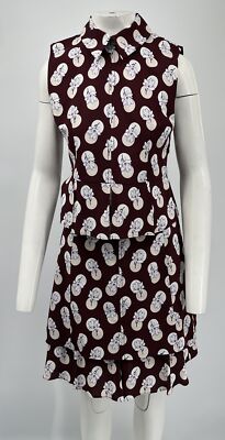 Carven Burgundy Floral Print Sleeveless Collar Peplum Blouse+Skirt Set sz 38/42