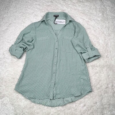 Express Original Fit The Convertible Sleeve Shirt Green Polkadot Womens XS NEW