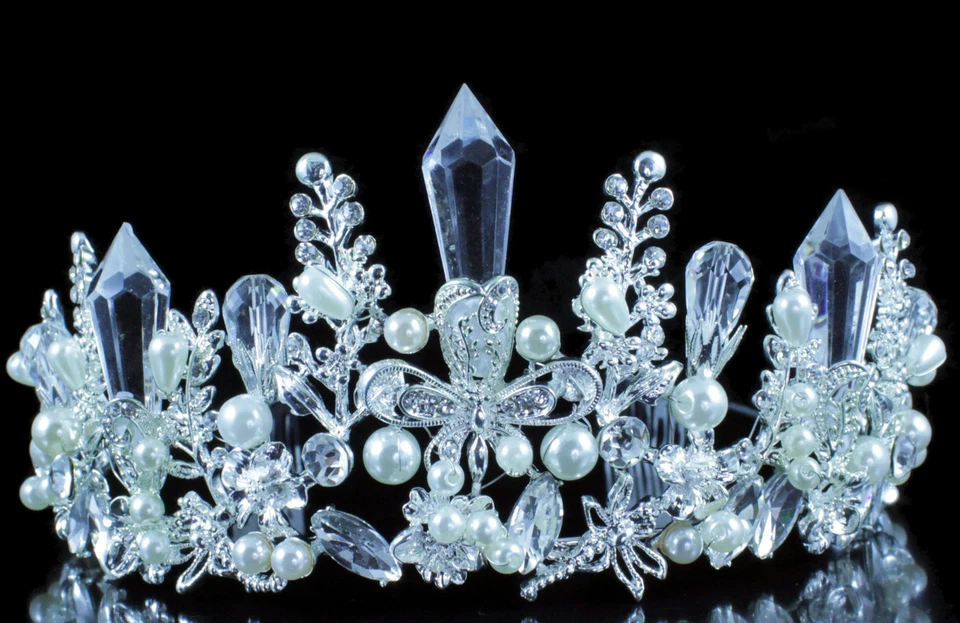 Princesa Perla Cristal Austriaco Estrás Tiara Peines Corona Plata Baile de graduación T1901 Foto 2 de 4