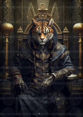 Regal Tiger Art Print, Fantasy Animal King Portrait, Gothic Anthropomorphic A33