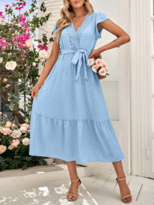 solid lace trim dress Solid Lace Trim Puff Sleeve Dress – Shop Karlie main image 1