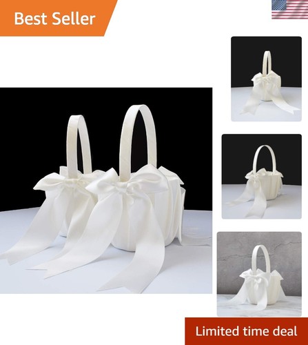 2 PCS Flower Girl Baskets Set- Cute Cherish Wedding Flower Baskets Ivory