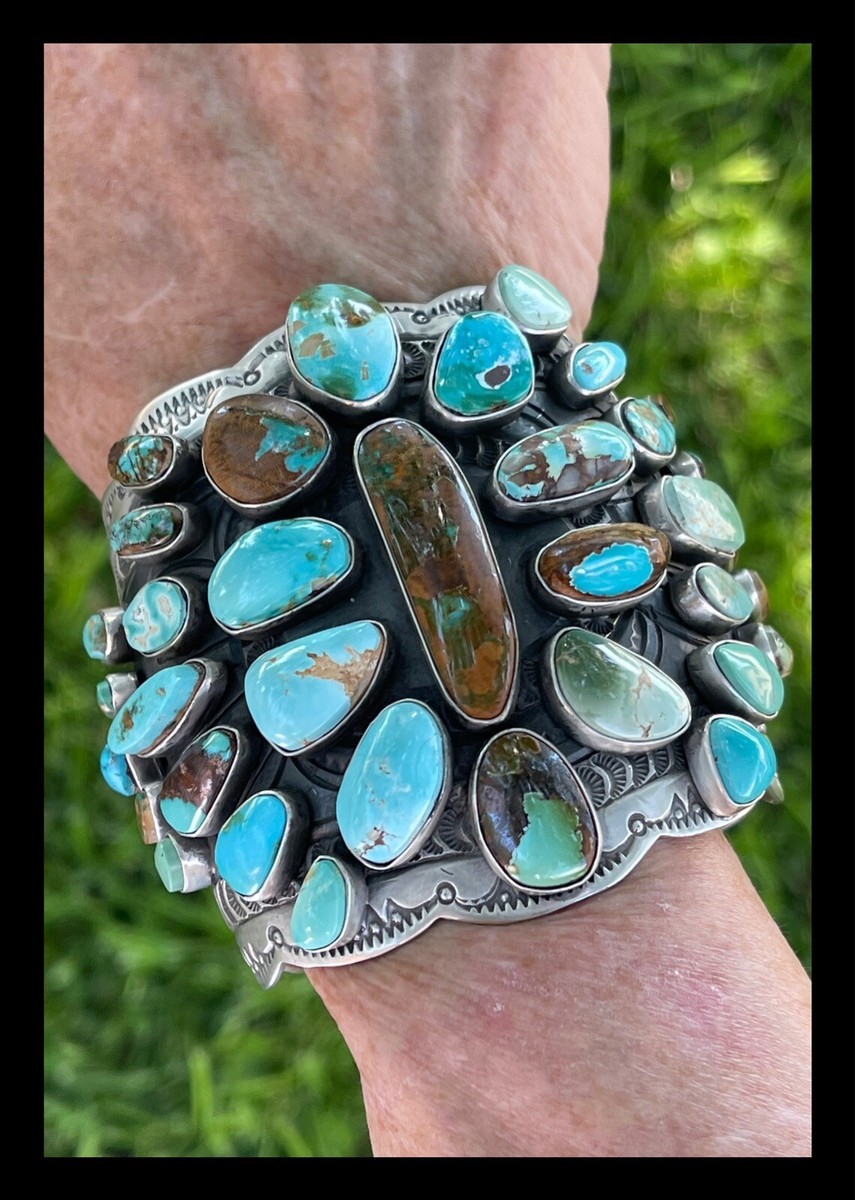 NAVAJO ~HUGE~MULTI ~ROYSTON~TURQUOISE ~CLUSTER ~SS ~BRACELET