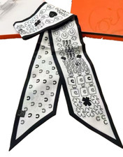 4"X51"Black white Art 2 Print Pure Mulberry Coarse Twill Silk Bevel Long Scarf