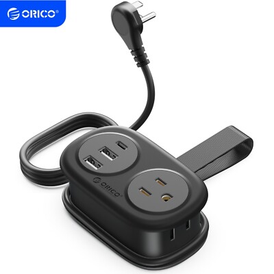 Travel Flat Plug Power Strip w/ 2 Outlets 2USBA 1USBC Ports 3.7ft Extension Cord
