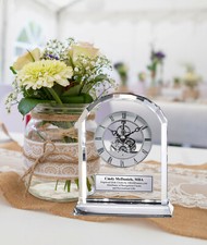 Desk Clock Diamond Cut Arch Crystal Engraved Clock with Silver Engraving Plate 